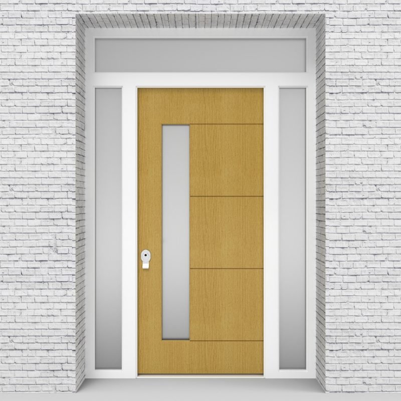 1.single Door With Two Side Panels And Transom 4 Horizontal Lines With Lock Side Glass Birch