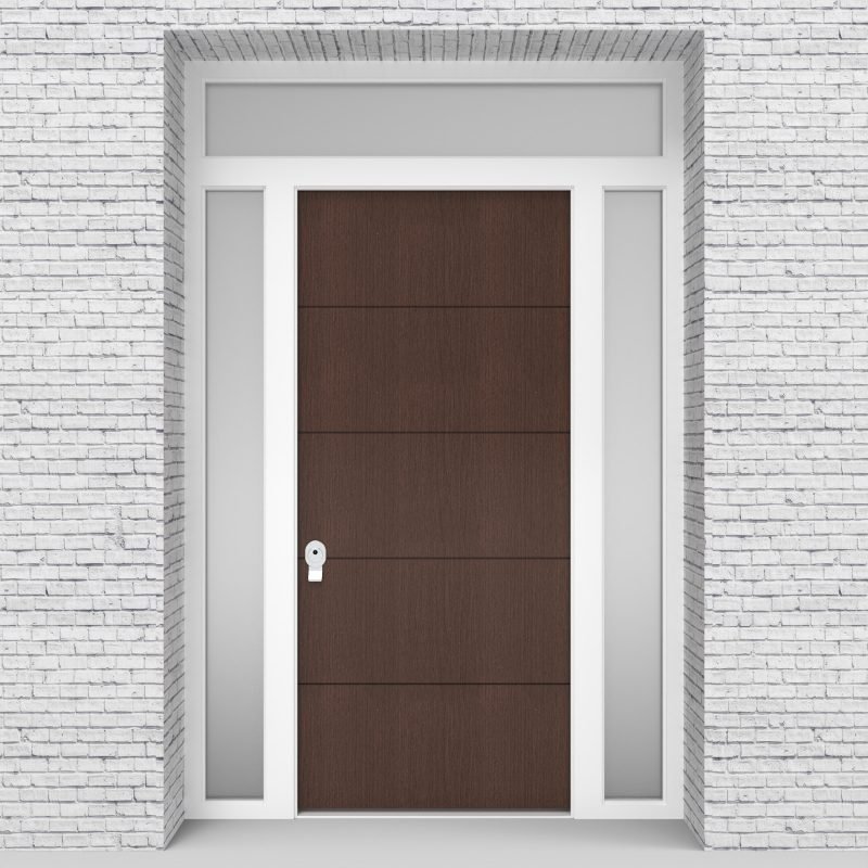 2.single Door With Two Side Panels And Transom 4 Horizontal Lines Dark Oak