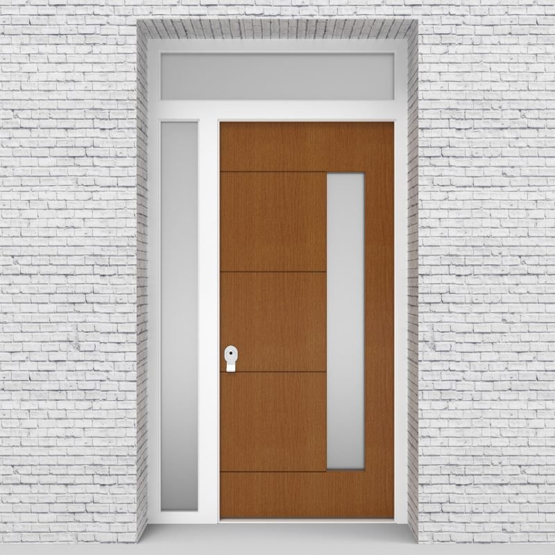 4.single Door With Left Side Panel And Transom 4 Horizontal Lines With Hinge Side Glass Oak