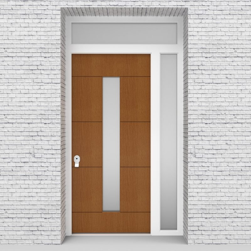 4.single Door With Right Side Panel And Transom 4 Horizontal Lines With Central Glass Oak