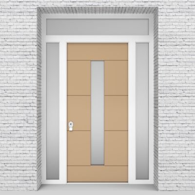 7.single Door With Two Side Panels And Transom 4 Horizontal Lines With Central Glass Light Ivory (ral1015)