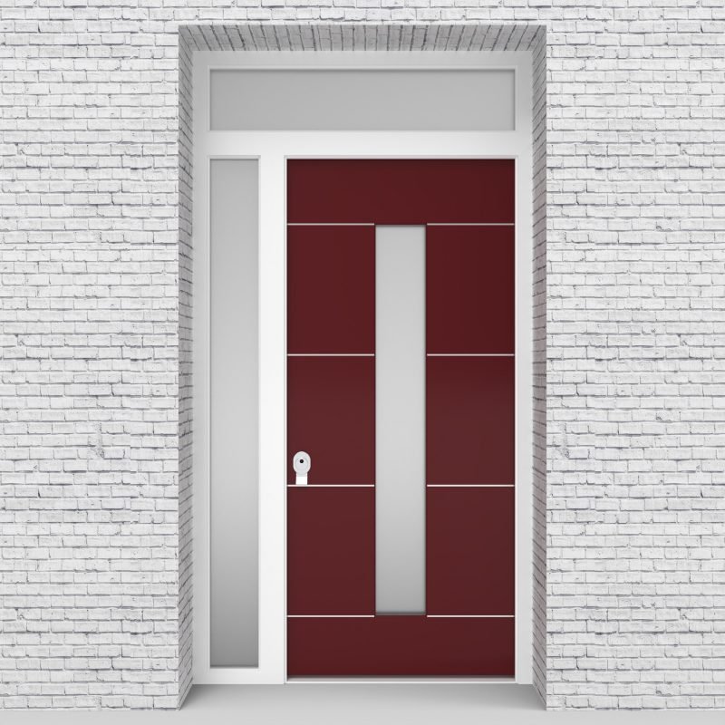 8.single Door With Left Side Panel And Transom 4 Aluminium Inlays With Central Glass Ruby Red (ral3003)