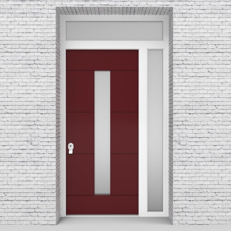 8.single Door With Right Side Panel And Transom 4 Horizontal Lines With Central Glass Ruby Red (ral3003)