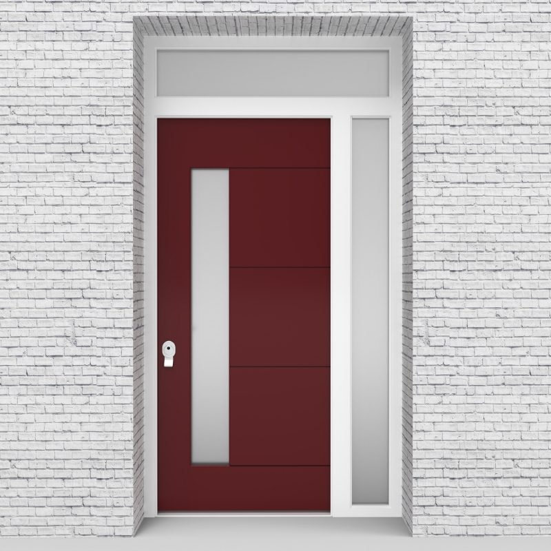8.single Door With Right Side Panel And Transom 4 Horizontal Lines With Lock Side Glass Ruby Red (ral3003)