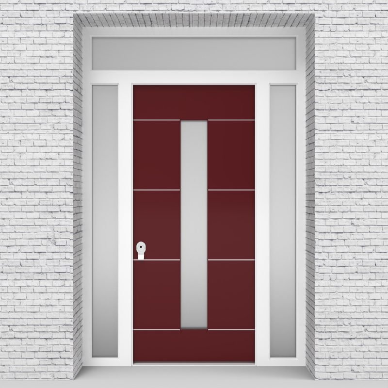 8.single Door With Two Side Panels And Transom 4 Aluminium Inlays With Central Glass Ruby Red (ral3003)