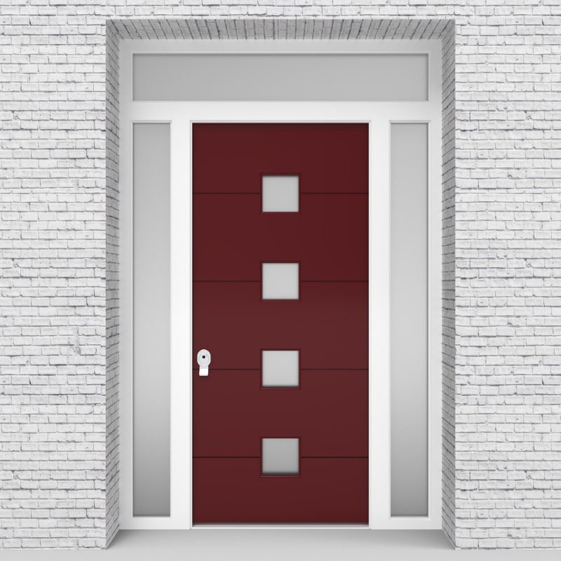 8.single Door With Two Side Panels And Transom 4 Horizontal Lines Ruby Red (ral3003)