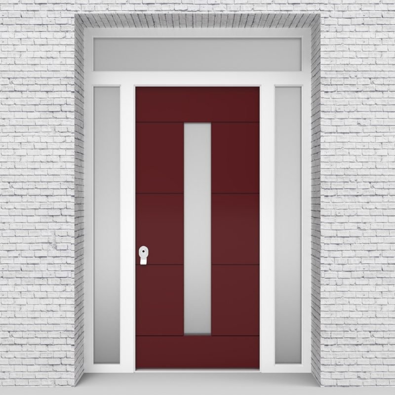 8.single Door With Two Side Panels And Transom 4 Horizontal Lines With Central Glass Ruby Red (ral3003)