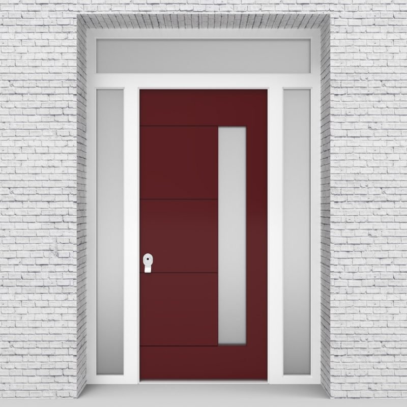 8.single Door With Two Side Panels And Transom 4 Horizontal Lines With Hinge Side Glass Ruby Red (ral3003)