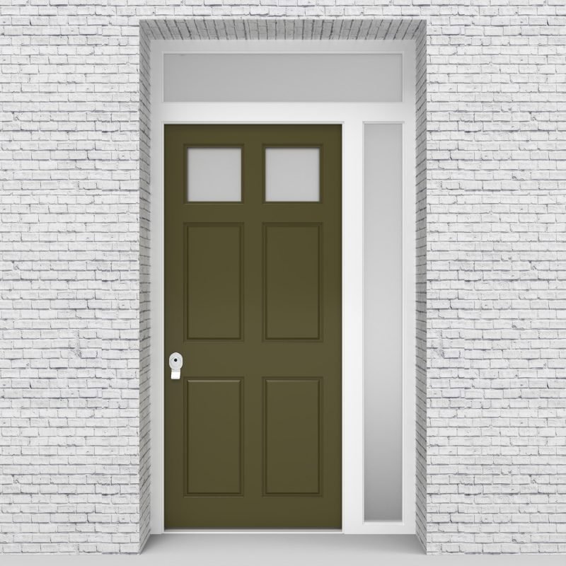 12.single Door With Right Side Panel And Transom Victorian 6 Panel With 2 Glass Panes Reed Green (ral6013)