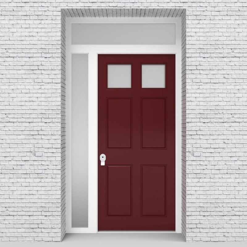 8.single Door With Left Side Panel And Transom Victorian 6 Panel With 2 Glass Panes Ruby Red (ral3003)
