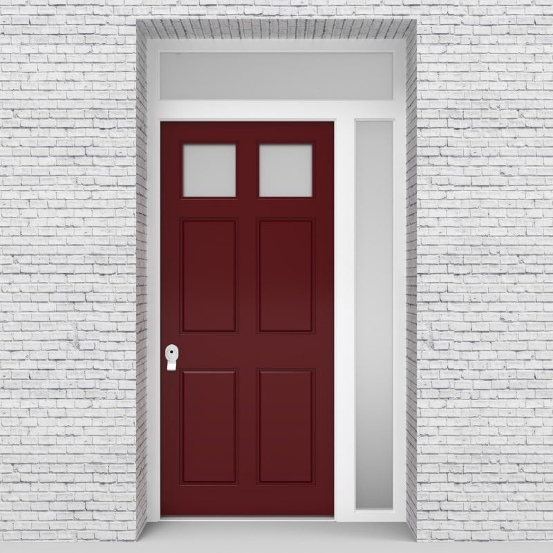 8.single Door With Right Side Panel And Transom Victorian 6 Panel With 2 Glass Panes Ruby Red (ral3003)
