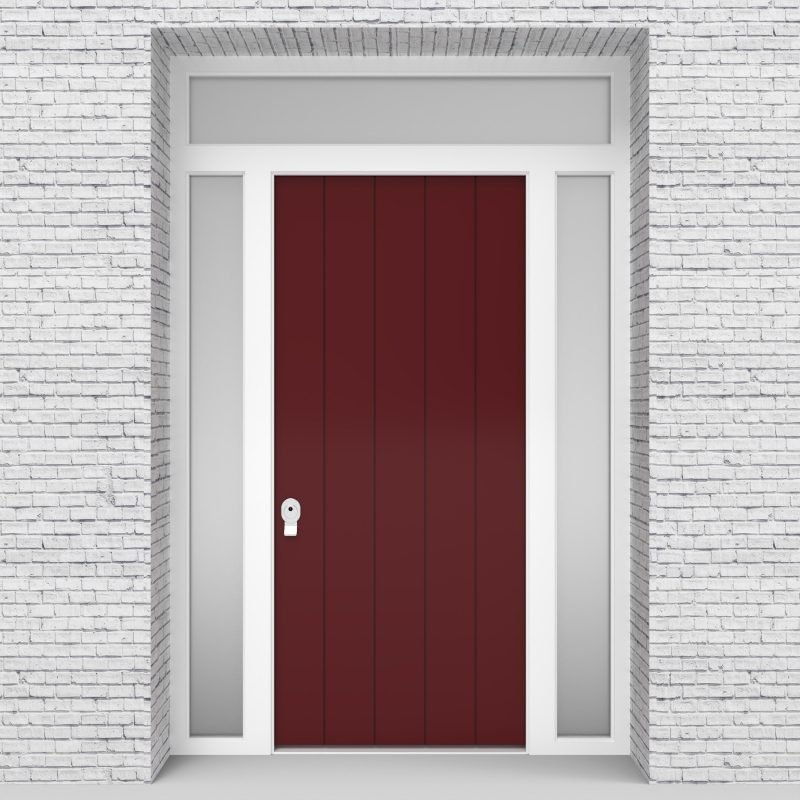 8.single Door With Two Side Panels And Transom 4 Vertical Lines Ruby Red (ral3003)