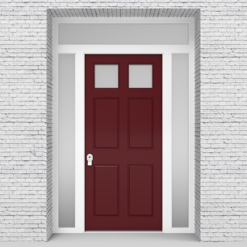 8.single Door With Two Side Panels And Transom Victorian 6 Panel With 2 Glass Panes Ruby Red (ral3003)