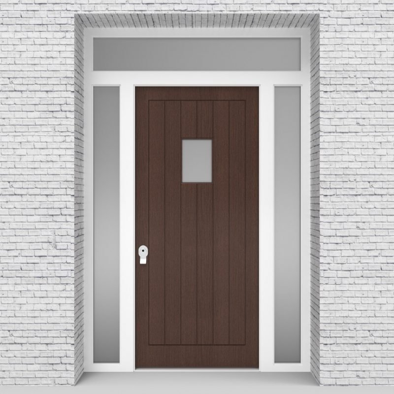 2.single Door With Two Side Panels And Transom 7 Vertical Lines With Rectangle Pane Dark Oak