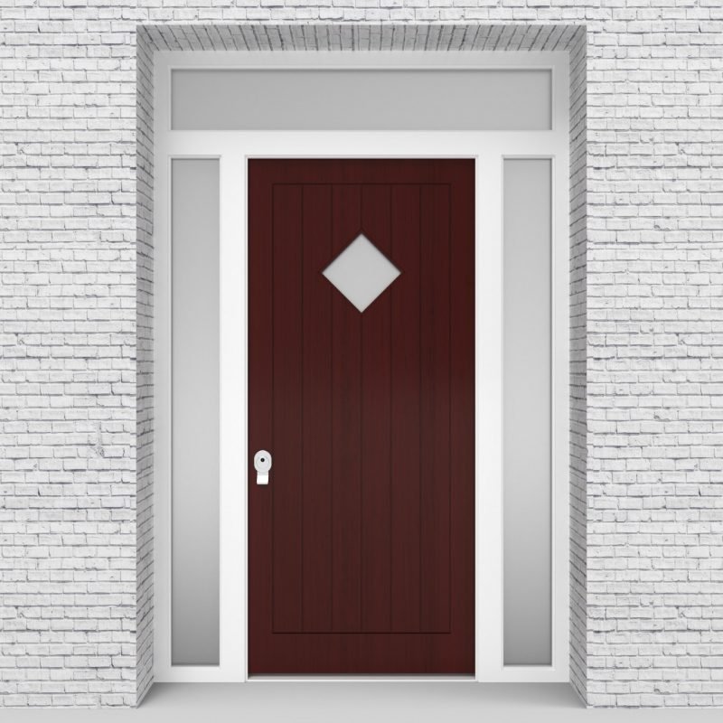3.single Door With Two Side Panels And Transom 7 Vertical Lines With Diamond Pane Mahogany