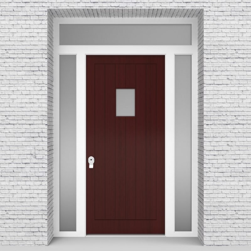 3.single Door With Two Side Panels And Transom 7 Vertical Lines With Rectangle Pane Mahogany