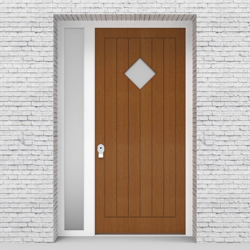 4.single Door With Left Side Panel 7 Vertical Lines With Diamond Pane Oak