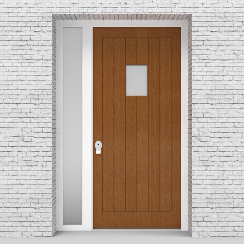 4.single Door With Left Side Panel 7 Vertical Lines With Rectangle Pane Oak