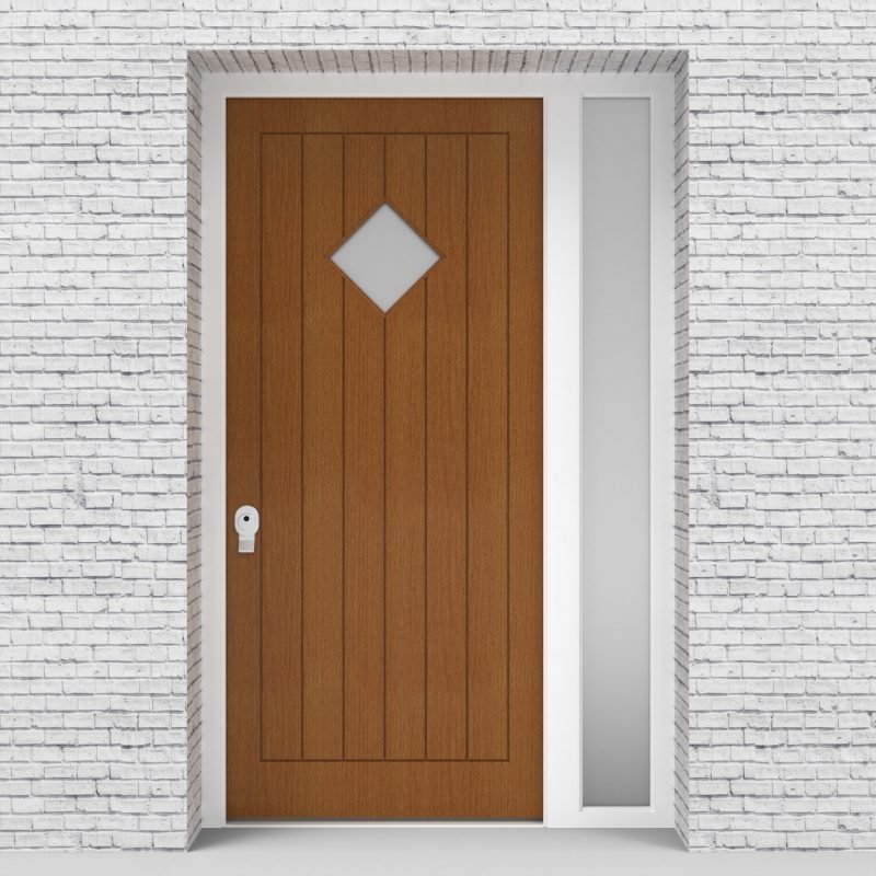 4.single Door With Right Side Panel 7 Vertical Lines With Diamond Pane Oak