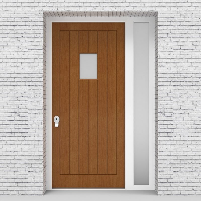 4.single Door With Right Side Panel 7 Vertical Lines With Rectangle Pane Oak