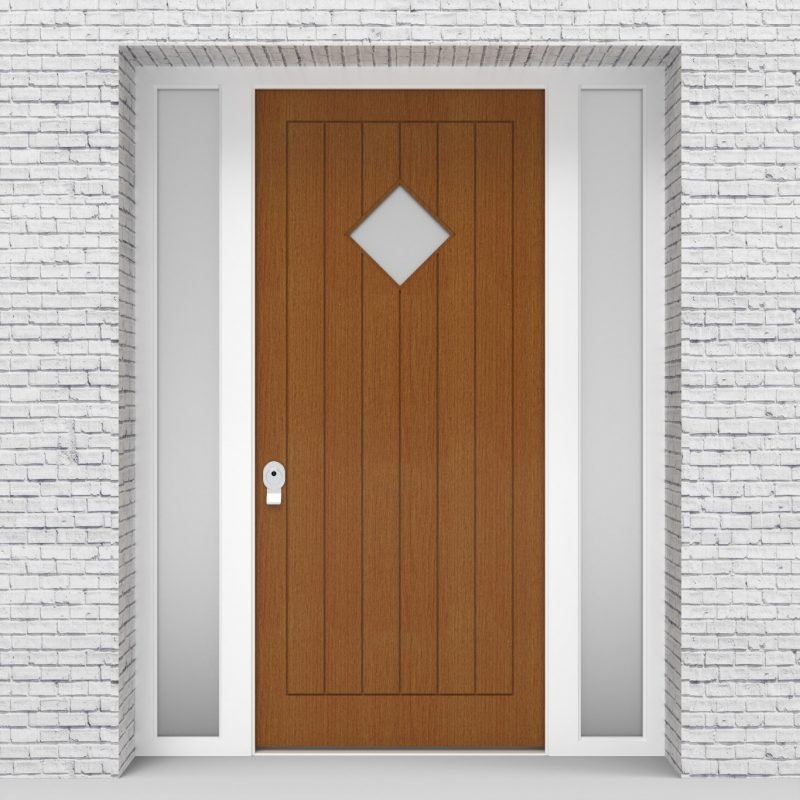 4.single Door With Two Side Panels 7 Vertical Lines With Diamond Pane Oak