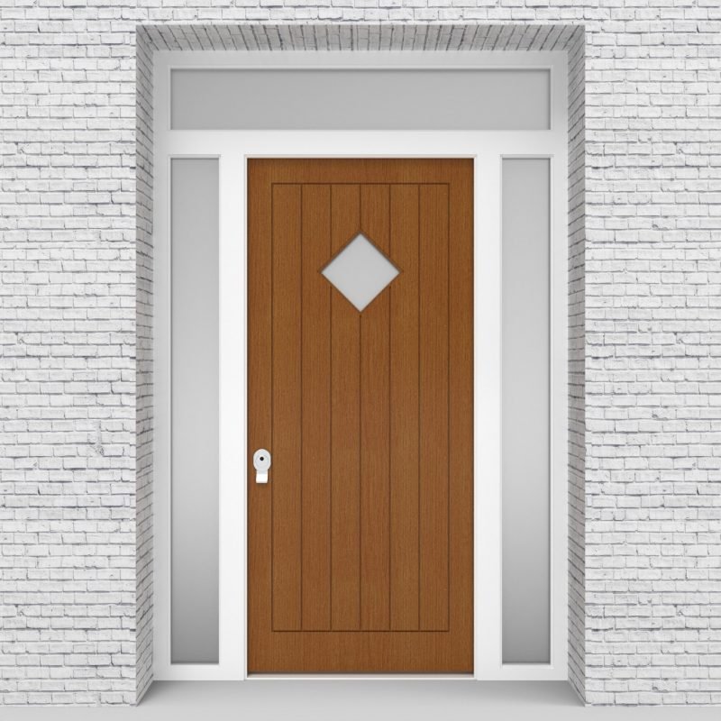 4.single Door With Two Side Panels And Transom 7 Vertical Lines With Diamond Pane Oak