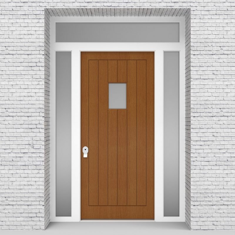 4.single Door With Two Side Panels And Transom 7 Vertical Lines With Rectangle Pane Oak