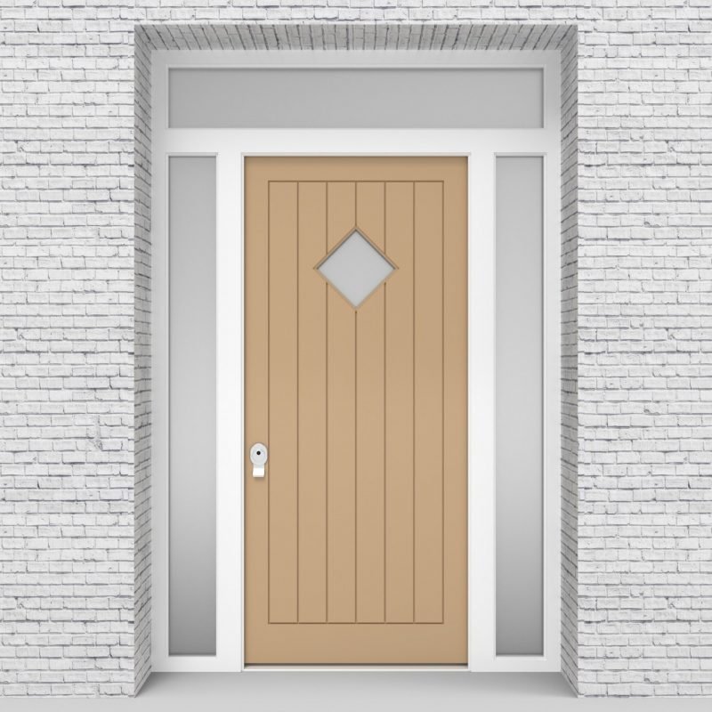 7.single Door With Two Side Panels And Transom 7 Vertical Lines With Diamond Pane Light Ivory (ral1015)