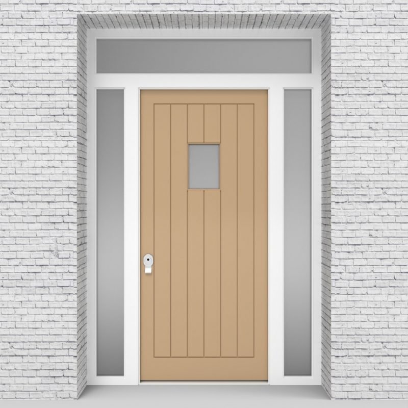 7.single Door With Two Side Panels And Transom 7 Vertical Lines With Rectangle Pane Light Ivory (ral1015)