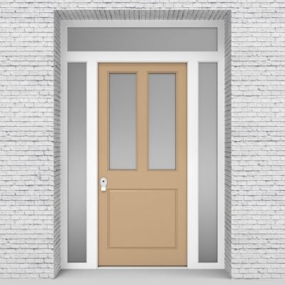7.single Door With Two Side Panels And Transom Edwardian 3 Panel With 2 Glass Panes Light Ivory (ral1015)
