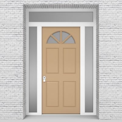 7.single Door With Two Side Panels And Transom Edwardian 4 Panel With Arched Glass Pane Light Ivory (ral1015)