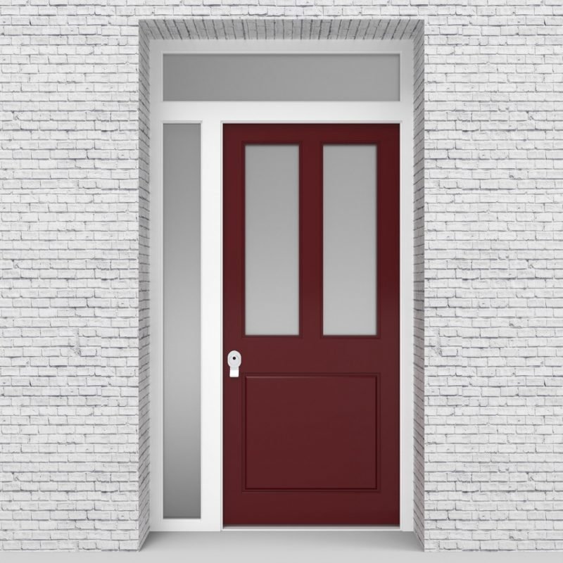 8.single Door With Left Side Panel And Transom Edwardian 3 Panel With 2 Glass Panes Ruby Red (ral3003)