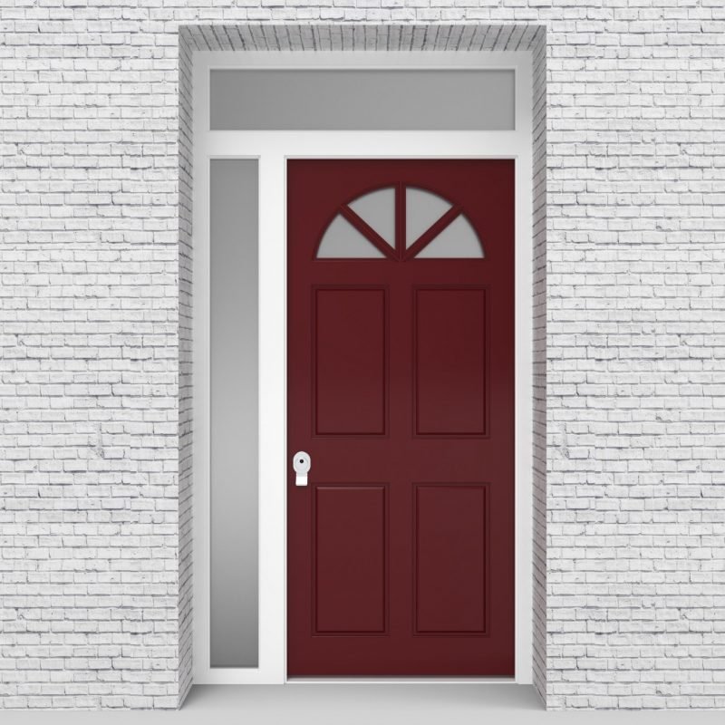 8.single Door With Left Side Panel And Transom Edwardian 4 Panel With Arched Glass Pane Ruby Red (ral3003)