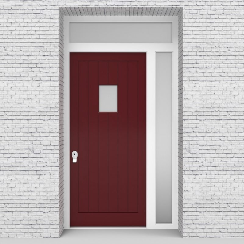 8.single Door With Right Side Panel And Transom 7 Vertical Lines With Rectangle Pane Ruby Red (ral3003)