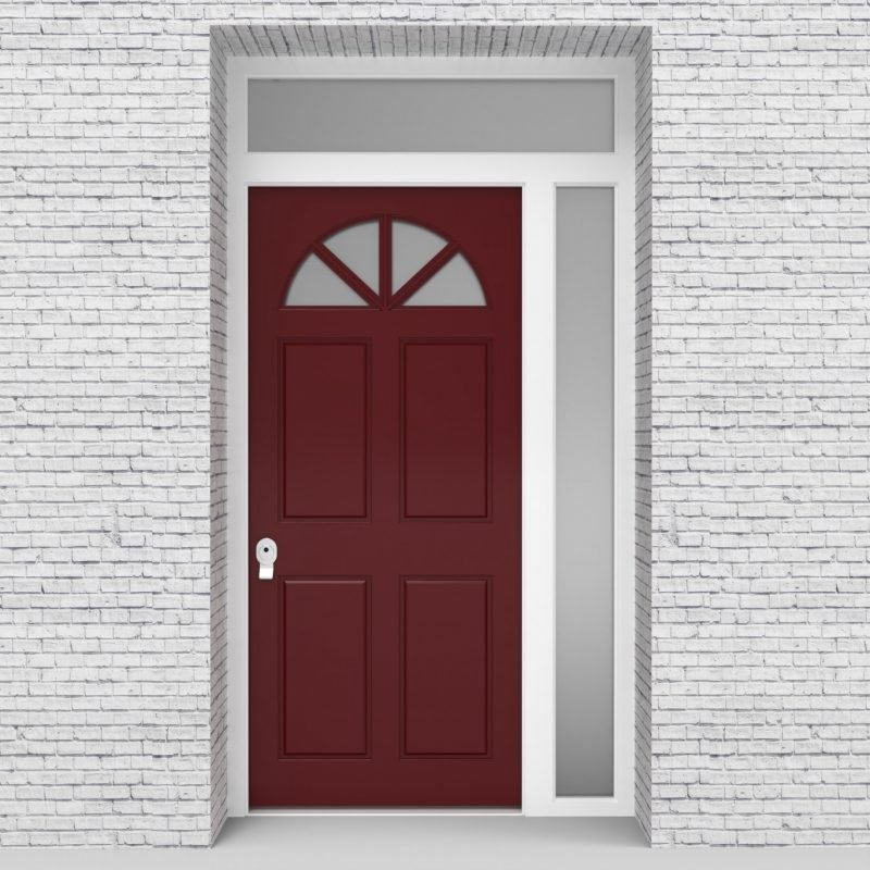 8.single Door With Right Side Panel And Transom Edwardian 4 Panel With Arched Glass Pane Ruby Red (ral3003)