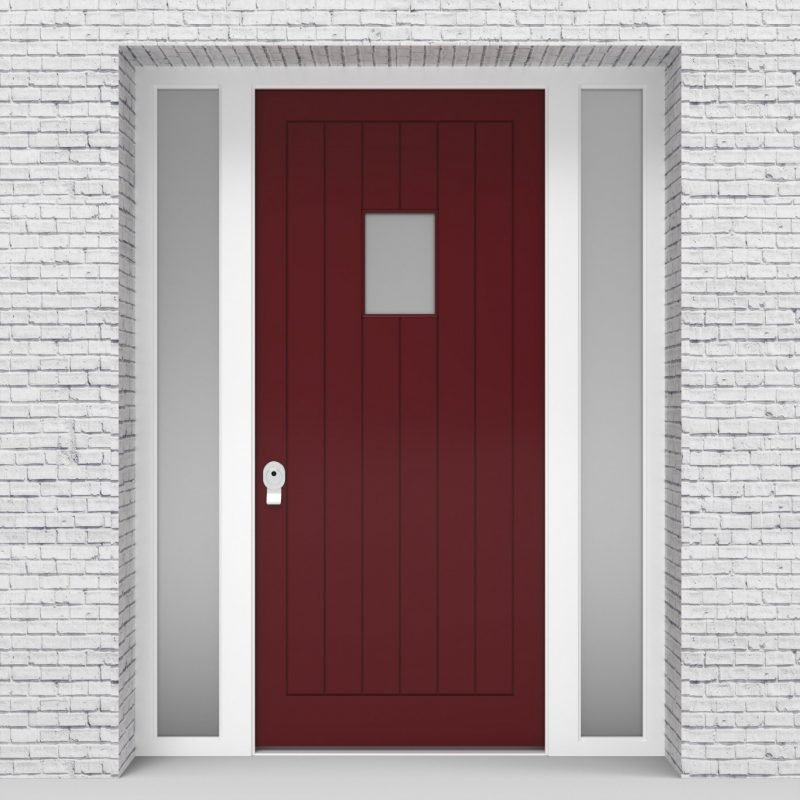 8.single Door With Two Side Panels 7 Vertical Lines With Rectangle Pane Ruby Red (ral3003)