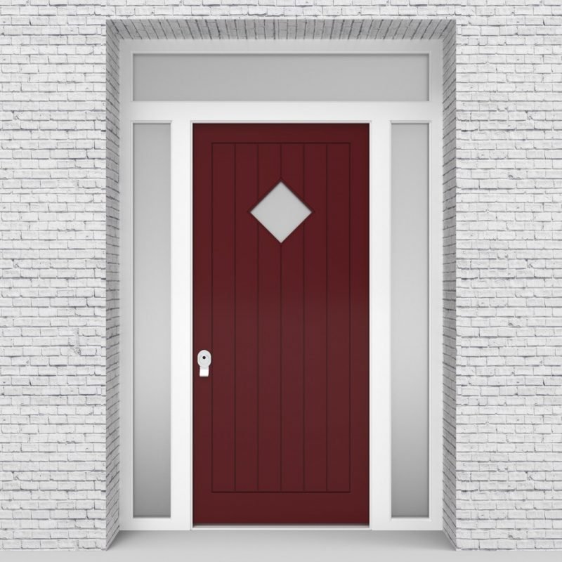 8.single Door With Two Side Panels And Transom 7 Vertical Lines With Diamond Pane Ruby Red (ral3003)