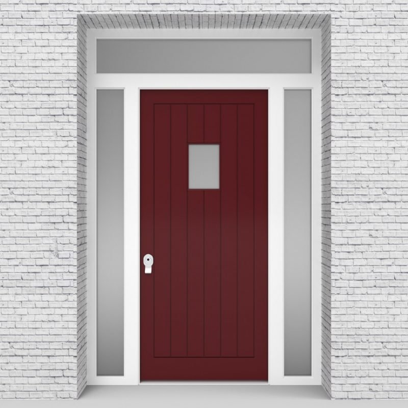 8.single Door With Two Side Panels And Transom 7 Vertical Lines With Rectangle Pane Ruby Red (ral3003)