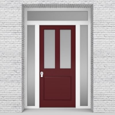 8.single Door With Two Side Panels And Transom Edwardian 3 Panel With 2 Glass Panes Ruby Red (ral3003)