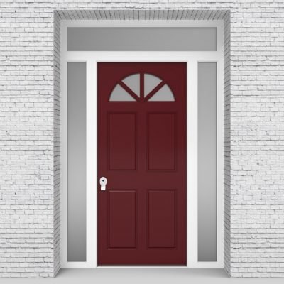 8.single Door With Two Side Panels And Transom Edwardian 4 Panel With Arched Glass Pane Ruby Red (ral3003)