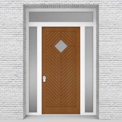 4.single Door With Two Side Panels And Transom Cottage Style With Diamond Pane Oak