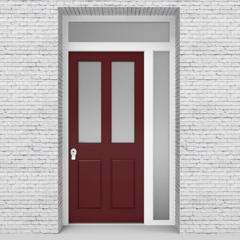 8.single Door With Right Side Panel And Transom Victorian 4 Panel With 2 Glass Panes Ruby Red (ral3003)