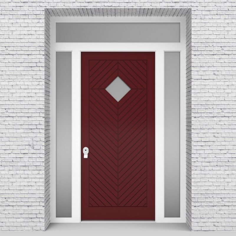 8.single Door With Two Side Panels And Transom Cottage Style With Diamond Pane Ruby Red (ral3003)