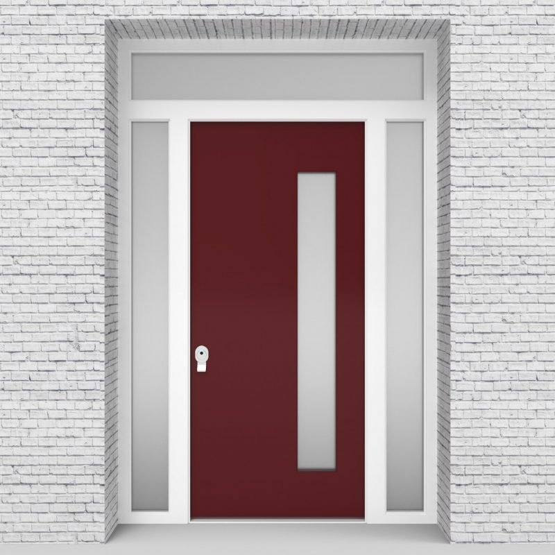 8.single Door With Two Side Panels And Transom Plain With Hinge Side Glass Ruby Red (ral3003)