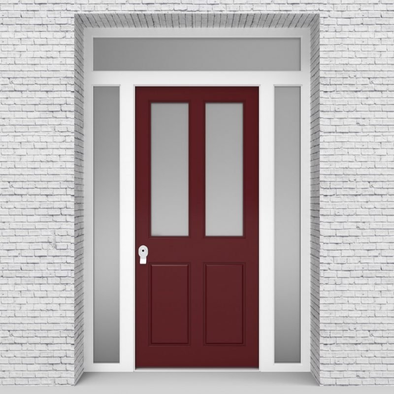 8.single Door With Two Side Panels And Transom Victorian 4 Panel With 2 Glass Panes Ruby Red (ral3003)
